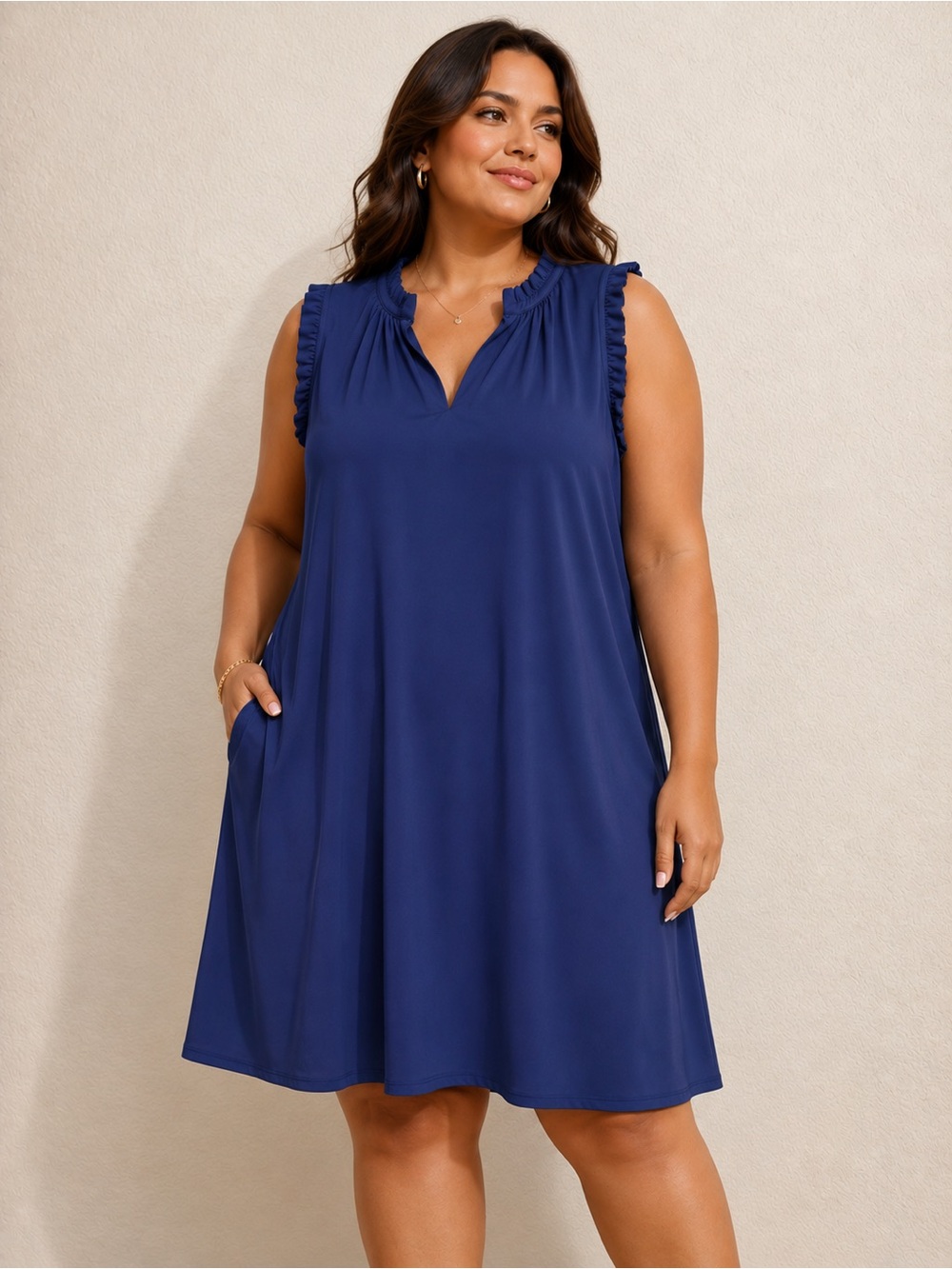 Plus-Size Navy Ruffle-Trim Dress